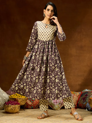 Purple Cotton Floral Print A Line Kurta Bottom Set