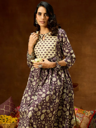 Purple Cotton Floral Print A Line Kurta Bottom Set