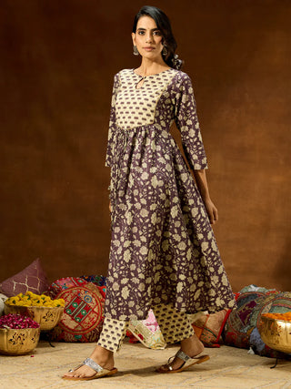 Purple Cotton Floral Print A Line Kurta Bottom Set