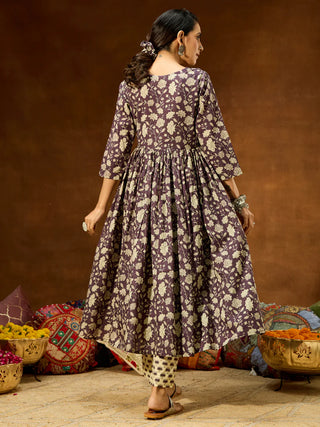 Purple Cotton Floral Print A Line Kurta Bottom Set