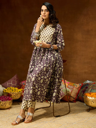 Purple Cotton Floral Print A Line Kurta Bottom Set