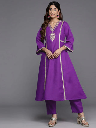 Purple Cotton Blend Embroidered Kurta Trouser Set