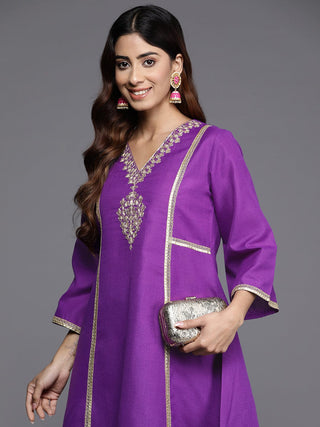 Purple Cotton Blend Embroidered Kurta Trouser Set