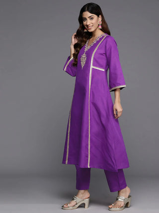 Purple Cotton Blend Embroidered Kurta Trouser Set