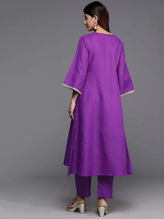 Purple Cotton Blend Embroidered Kurta Trouser Set