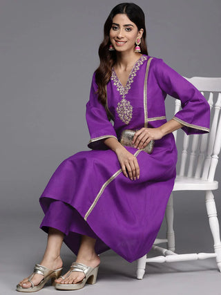 Purple Cotton Blend Embroidered Kurta Trouser Set