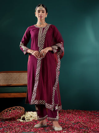 Purple Silk Blend Embroidered Suit Set with Silk Chiffon Dupatta