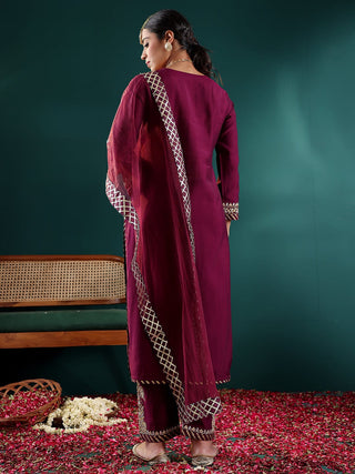 Purple Silk Blend Embroidered Suit Set with Silk Chiffon Dupatta