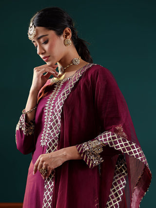 Purple Silk Blend Embroidered Suit Set with Silk Chiffon Dupatta