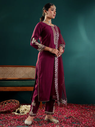 Purple Silk Blend Embroidered Suit Set with Silk Chiffon Dupatta