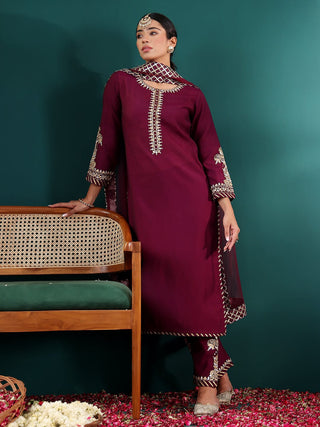 Purple Silk Blend Embroidered Suit Set with Silk Chiffon Dupatta