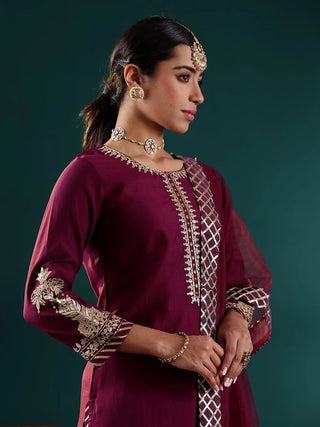 Purple Silk Blend Embroidered Suit Set with Silk Chiffon Dupatta