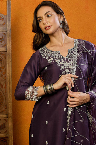 Purple Silk Blend Embroidered Straight Shape Suit Set with Dupatta