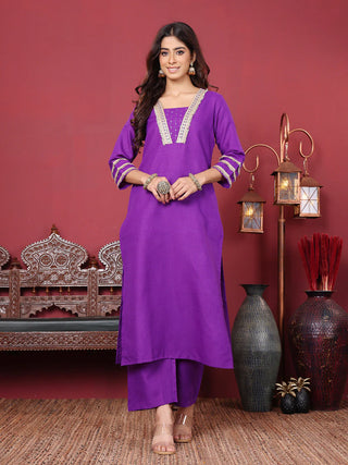 Purple Cotton Blend Embroidered Suit Set with Silk Chiffon Dupatta