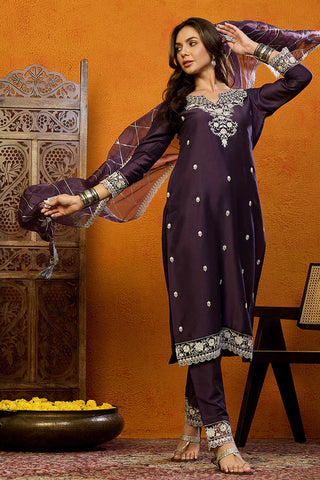 Purple Silk Blend Embroidered Straight Shape Suit Set with Dupatta