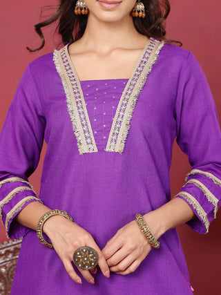 Purple Cotton Blend Embroidered Suit Set with Silk Chiffon Dupatta