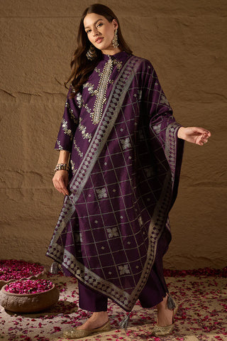Purple Silk Blend Foil Print & Embroidered Straight Shape Suit Set with Dupatta