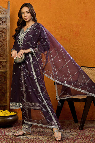 Purple Silk Blend Embroidered Straight Shape Suit Set with Dupatta