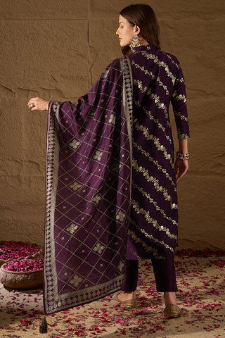 Purple Silk Blend Foil Print & Embroidered Straight Shape Suit Set with Dupatta