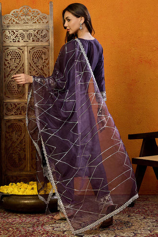 Purple Silk Blend Embroidered Straight Shape Suit Set with Dupatta