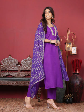 Purple Cotton Blend Embroidered Suit Set with Silk Chiffon Dupatta