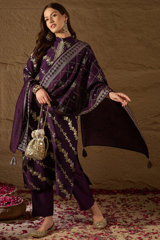Purple Silk Blend Foil Print & Embroidered Straight Shape Suit Set with Dupatta