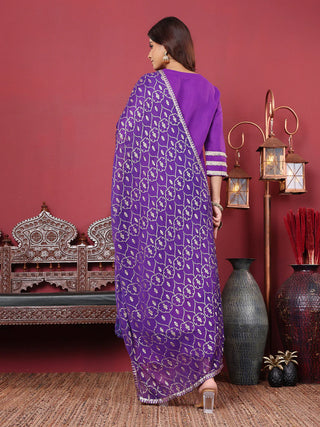 Purple Cotton Blend Embroidered Suit Set with Silk Chiffon Dupatta