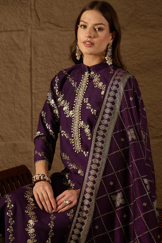 Purple Silk Blend Foil Print & Embroidered Straight Shape Suit Set with Dupatta