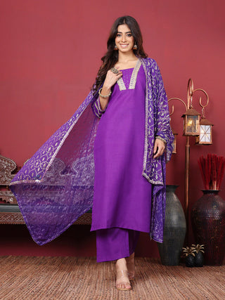 Purple Cotton Blend Embroidered Suit Set with Silk Chiffon Dupatta
