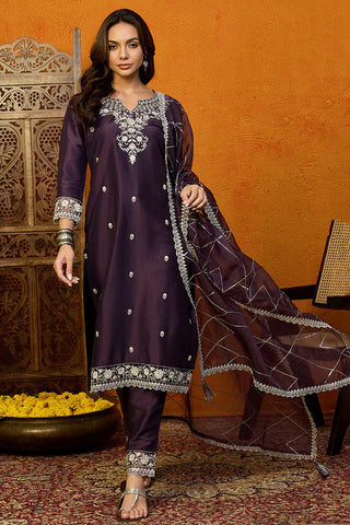 Purple Silk Blend Embroidered Straight Shape Suit Set with Dupatta