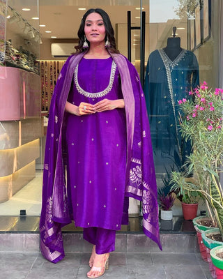 Purple Viscose Chanderi Embroidered Suit Set with Jacquard Silk Dupatta