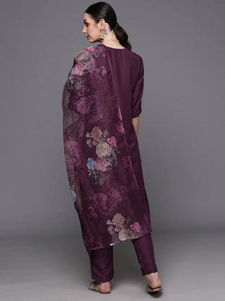 Purple Cotton Blend Embroidered Straight Shape Suit Set with Printed Organza Dupatta