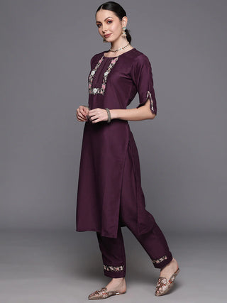 Purple Cotton Blend Embroidered Straight Shape Suit Set with Printed Organza Dupatta