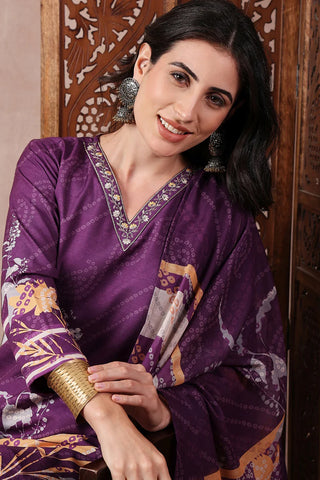 Purple Rayon Blend Floral Printed Straight Shape Suit Set with Dupatta