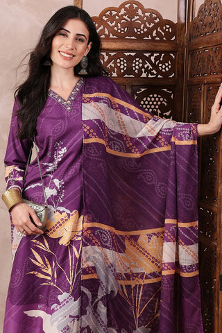 Purple Rayon Blend Floral Printed Straight Shape Suit Set with Dupatta