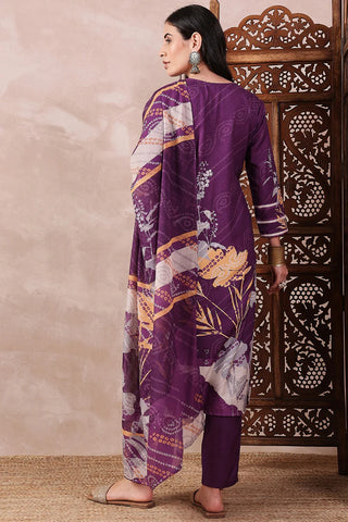 Purple Rayon Blend Floral Printed Straight Shape Suit Set with Dupatta