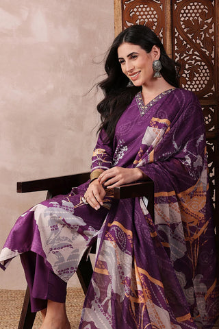 Purple Rayon Blend Floral Printed Straight Shape Suit Set with Dupatta