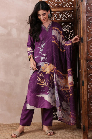 Purple Rayon Blend Floral Printed Straight Shape Suit Set with Dupatta