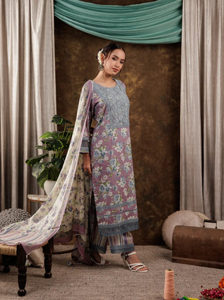 Purple Cotton Floral Print & Lace Work Suit Set with Voile Dupatta