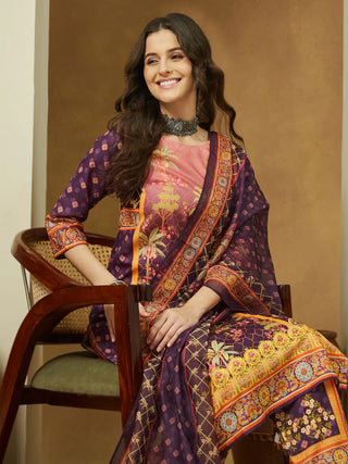 Purple Cotton Blend Ethnic Motif Printed Suit Set with Chanderi Blend Dupatta