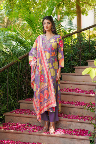 Purple Viscose Floral Print & Embroidered Straight Shape Suit Set with Dupatta