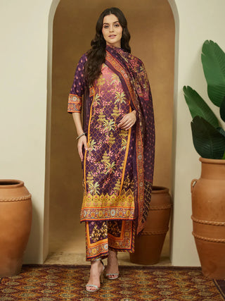 Purple Cotton Blend Ethnic Motif Printed Suit Set with Chanderi Blend Dupatta