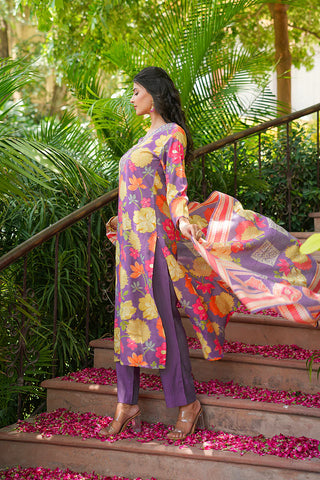 Purple Viscose Floral Print & Embroidered Straight Shape Suit Set with Dupatta