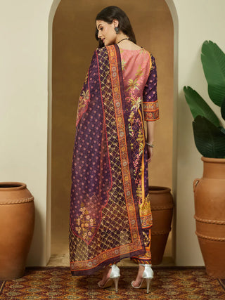 Purple Cotton Blend Ethnic Motif Printed Suit Set with Chanderi Blend Dupatta
