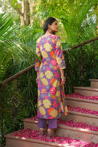 Purple Viscose Floral Print & Embroidered Straight Shape Suit Set with Dupatta