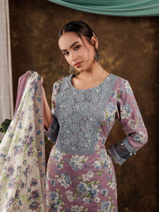 Purple Cotton Floral Print & Lace Work Suit Set with Voile Dupatta