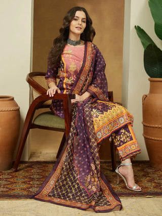 Purple Cotton Blend Ethnic Motif Printed Suit Set with Chanderi Blend Dupatta