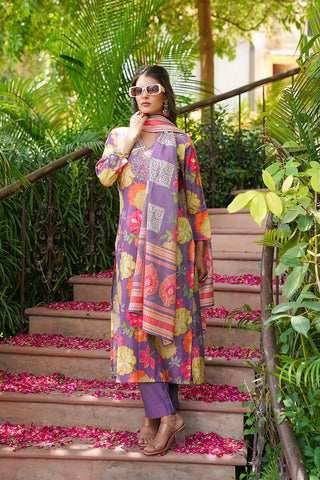 Purple Viscose Floral Print & Embroidered Straight Shape Suit Set with Dupatta