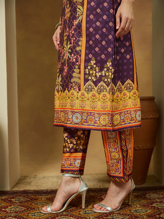 Purple Cotton Blend Ethnic Motif Printed Suit Set with Chanderi Blend Dupatta