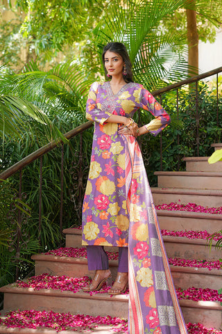 Purple Viscose Floral Print & Embroidered Straight Shape Suit Set with Dupatta